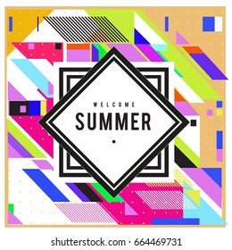 Trendy flat geometric vector banners. Vivid colorful banners in retro poster design style. Vintage colors and shapes Summer holiday theme.