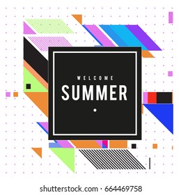 Trendy flat geometric vector banners. Vivid colorful banners in retro poster design style. Vintage colors and shapes Summer holiday theme.