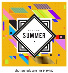 Trendy flat geometric vector banners. Vivid colorful banners in retro poster design style. Vintage colors and shapes Summer holiday theme.