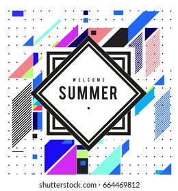 Trendy flat geometric vector banners. Vivid colorful banners in retro poster design style. Vintage colors and shapes Summer holiday theme.