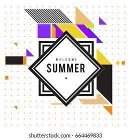 Trendy flat geometric vector banners. Vivid colorful banners in retro poster design style. Vintage colors and shapes Summer holiday theme.