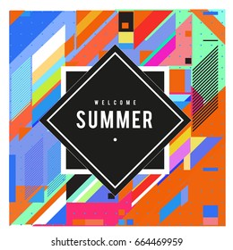 Trendy flat geometric vector banners. Vivid colorful banners in retro poster design style. Vintage colors and shapes Summer holiday theme.