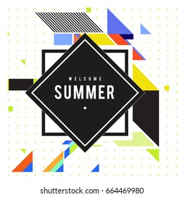 Trendy flat geometric vector banners. Vivid colorful banners in retro poster design style. Vintage colors and shapes Summer holiday theme.