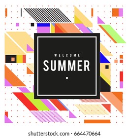 Trendy flat geometric vector banners. Vivid colorful banners in retro poster design style. Vintage colors and shapes Summer holiday theme.