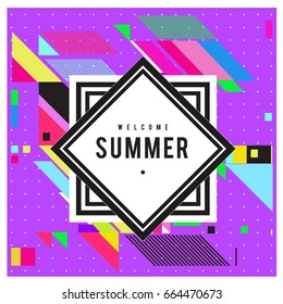 Trendy flat geometric vector banners. Vivid colorful banners in retro poster design style. Vintage colors and shapes Summer holiday theme.