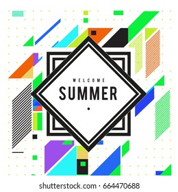Trendy flat geometric vector banners. Vivid colorful banners in retro poster design style. Vintage colors and shapes Summer holiday theme.