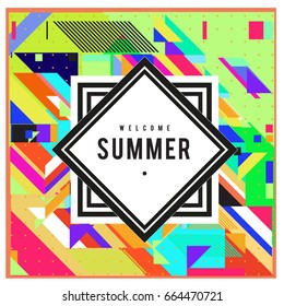 Trendy flat geometric vector banners. Vivid colorful banners in retro poster design style. Vintage colors and shapes Summer holiday theme.