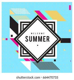 Trendy flat geometric vector banners. Vivid colorful banners in retro poster design style. Vintage colors and shapes Summer holiday theme.