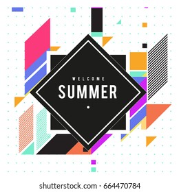 Trendy flat geometric vector banners. Vivid colorful banners in retro poster design style. Vintage colors and shapes Summer holiday theme.
