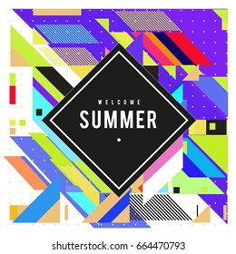 Trendy flat geometric vector banners. Vivid colorful banners in retro poster design style. Vintage colors and shapes Summer holiday theme.