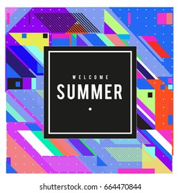 Trendy flat geometric vector banners. Vivid colorful banners in retro poster design style. Vintage colors and shapes Summer holiday theme.