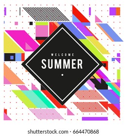 Trendy flat geometric vector banners. Vivid colorful banners in retro poster design style. Vintage colors and shapes Summer holiday theme.