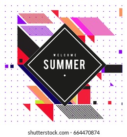 Trendy flat geometric vector banners. Vivid colorful banners in retro poster design style. Vintage colors and shapes Summer holiday theme.