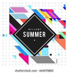 Trendy flat geometric vector banners. Vivid colorful banners in retro poster design style. Vintage colors and shapes Summer holiday theme.