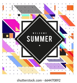 Trendy flat geometric vector banners. Vivid colorful banners in retro poster design style. Vintage colors and shapes Summer holiday theme.