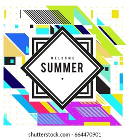Trendy flat geometric vector banners. Vivid colorful banners in retro poster design style. Vintage colors and shapes Summer holiday theme.