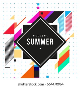 Trendy flat geometric vector banners. Vivid colorful banners in retro poster design style. Vintage colors and shapes Summer holiday theme.