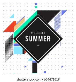 Trendy flat geometric vector banners. Vivid colorful banners in retro poster design style. Vintage colors and shapes Summer holiday theme.