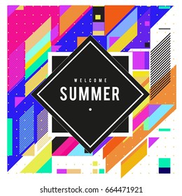 Trendy flat geometric vector banners. Vivid colorful banners in retro poster design style. Vintage colors and shapes Summer holiday theme.