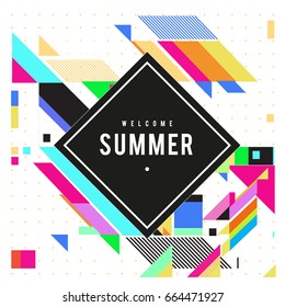 Trendy flat geometric vector banners. Vivid colorful banners in retro poster design style. Vintage colors and shapes Summer holiday theme.