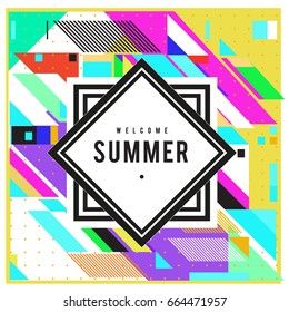 Trendy flat geometric vector banners. Vivid colorful banners in retro poster design style. Vintage colors and shapes Summer holiday theme.