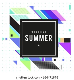 Trendy flat geometric vector banners. Vivid colorful banners in retro poster design style. Vintage colors and shapes Summer holiday theme.