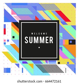 Trendy flat geometric vector banners. Vivid colorful banners in retro poster design style. Vintage colors and shapes Summer holiday theme.