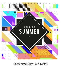 Trendy flat geometric vector banners. Vivid colorful banners in retro poster design style. Vintage colors and shapes Summer holiday theme.