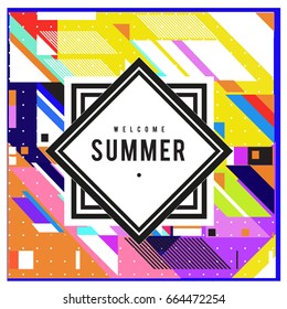 Trendy flat geometric vector banners. Vivid colorful banners in retro poster design style. Vintage colors and shapes Summer holiday theme.