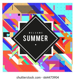 Trendy flat geometric vector banners. Vivid colorful banners in retro poster design style. Vintage colors and shapes Summer holiday theme.