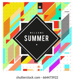 Trendy flat geometric vector banners. Vivid colorful banners in retro poster design style. Vintage colors and shapes Summer holiday theme.