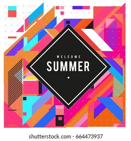 Trendy flat geometric vector banners. Vivid colorful banners in retro poster design style. Vintage colors and shapes Summer holiday theme.