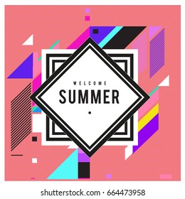 Trendy flat geometric vector banners. Vivid colorful banners in retro poster design style. Vintage colors and shapes Summer holiday theme.