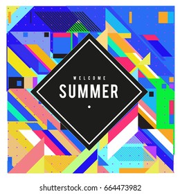 Trendy flat geometric vector banners. Vivid colorful banners in retro poster design style. Vintage colors and shapes Summer holiday theme.