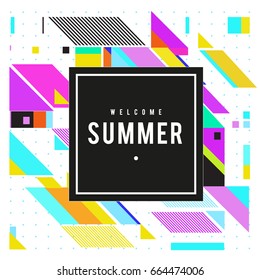 Trendy flat geometric vector banners. Vivid colorful banners in retro poster design style. Vintage colors and shapes Summer holiday theme.