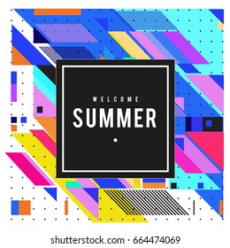 Trendy flat geometric vector banners. Vivid colorful banners in retro poster design style. Vintage colors and shapes Summer holiday theme.