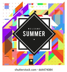 Trendy flat geometric vector banners. Vivid colorful banners in retro poster design style. Vintage colors and shapes Summer holiday theme.