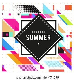 Trendy flat geometric vector banners. Vivid colorful banners in retro poster design style. Vintage colors and shapes Summer holiday theme.