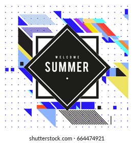 Trendy flat geometric vector banners. Vivid colorful banners in retro poster design style. Vintage colors and shapes Summer holiday theme.