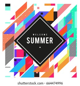 Trendy flat geometric vector banners. Vivid colorful banners in retro poster design style. Vintage colors and shapes Summer holiday theme.