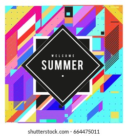 Trendy flat geometric vector banners. Vivid colorful banners in retro poster design style. Vintage colors and shapes Summer holiday theme.
