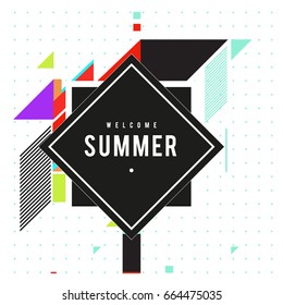 Trendy flat geometric vector banners. Vivid colorful banners in retro poster design style. Vintage colors and shapes Summer holiday theme.