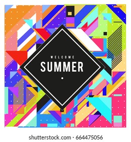 Trendy flat geometric vector banners. Vivid colorful banners in retro poster design style. Vintage colors and shapes Summer holiday theme.