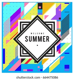 Trendy flat geometric vector banners. Vivid colorful banners in retro poster design style. Vintage colors and shapes Summer holiday theme.