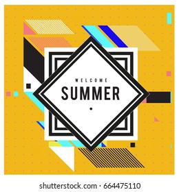 Trendy flat geometric vector banners. Vivid colorful banners in retro poster design style. Vintage colors and shapes Summer holiday theme.