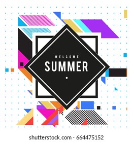 Trendy flat geometric vector banners. Vivid colorful banners in retro poster design style. Vintage colors and shapes Summer holiday theme.