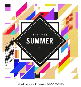 Trendy flat geometric vector banners. Vivid colorful banners in retro poster design style. Vintage colors and shapes Summer holiday theme.