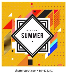 Trendy flat geometric vector banners. Vivid colorful banners in retro poster design style. Vintage colors and shapes Summer holiday theme.
