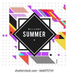 Trendy flat geometric vector banners. Vivid colorful banners in retro poster design style. Vintage colors and shapes Summer holiday theme.