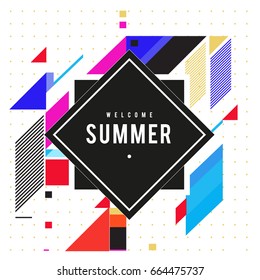 Trendy flat geometric vector banners. Vivid colorful banners in retro poster design style. Vintage colors and shapes Summer holiday theme.